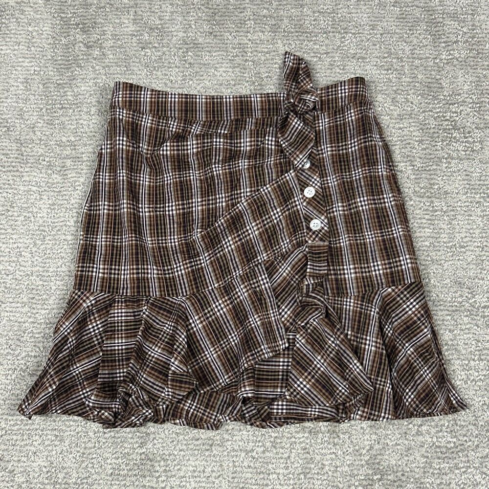 Veronica Beard Kaia Mini Skirt Womens 6 Button Tie Waist Brown Plaid Ruffle